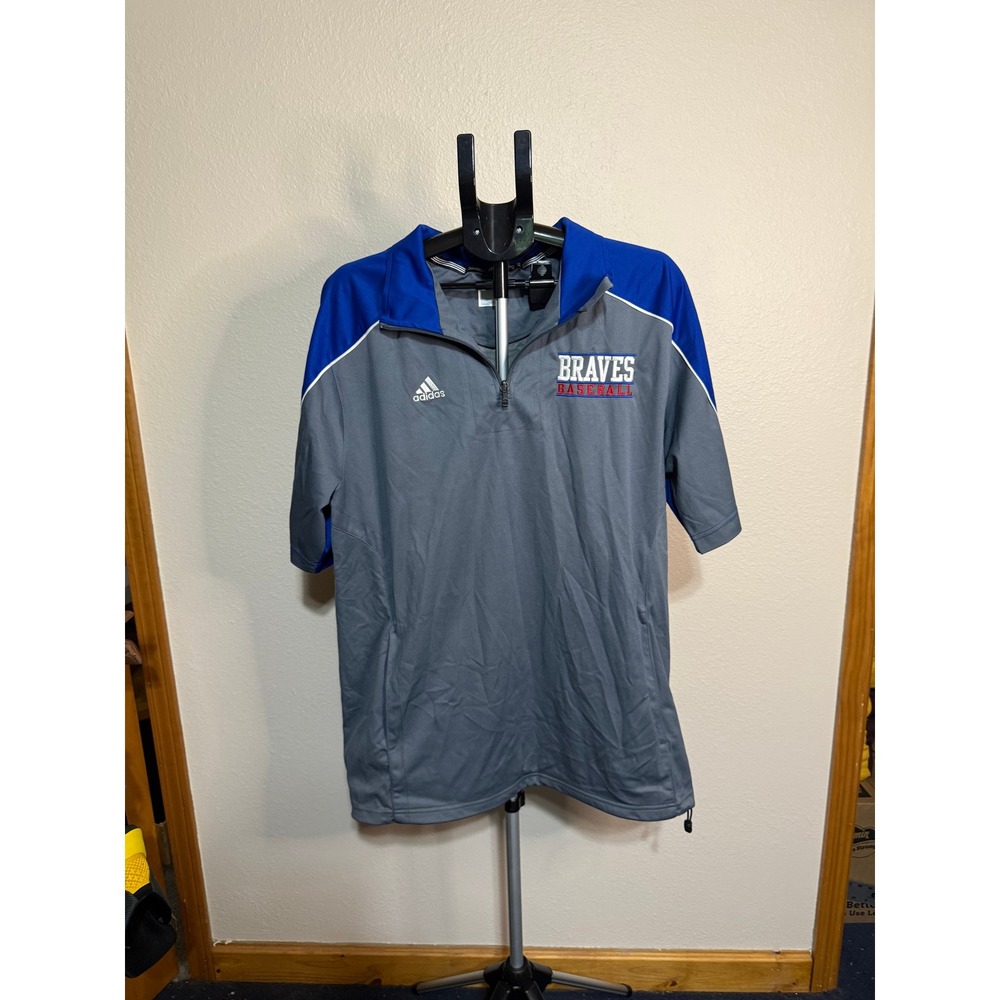 Adidas Braves Baseball Mens Large Gray Blue 1/4 Zip Short Sleeve Pullover Jacket